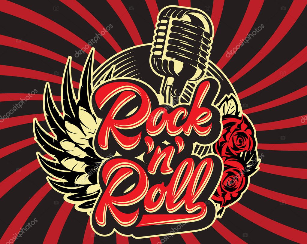 Stylish vector template for printing on the theme of rock music with a calligraphic inscription rock n roll.