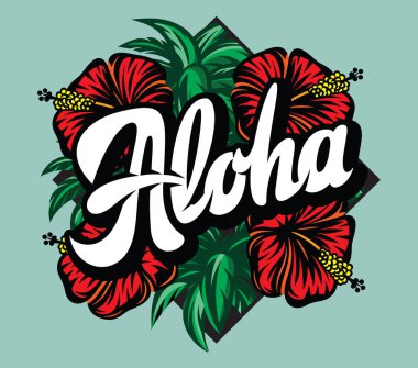 Aloha harfleri, palmiye yaprakları ve amber çiçeğiyle vektör rengi çizimi.