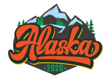 Dağlı ve yazılı rozet şablonu, Alaska. Renk illüstrasyonu.