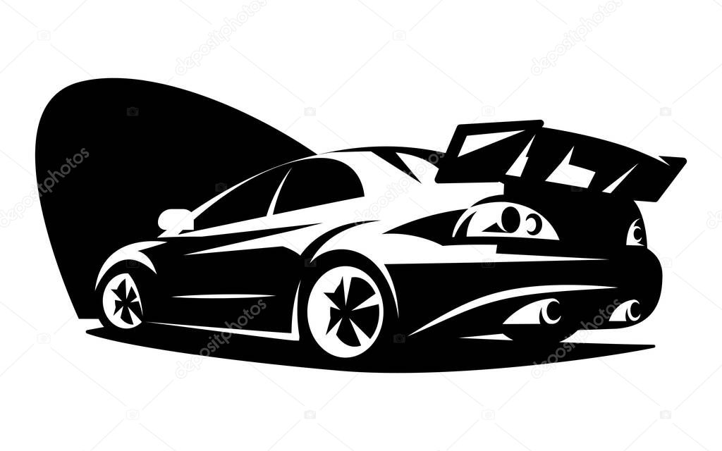 Black tuning sports car. Business card template. Element for design. Monochrome vector illustration.