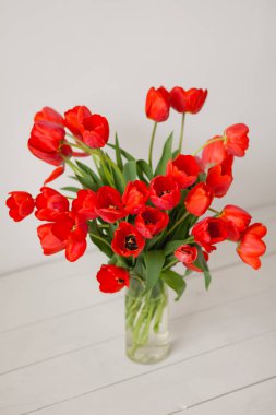 bir sürü beyaz zemin üzerine saydam bir vazoda kırmızı lale