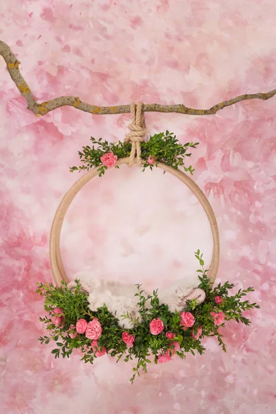Bir yüzük yeşil dallar ve pembe gül dal, yeni doğan bebeklerin, fotoğraflar için arka plan asmak