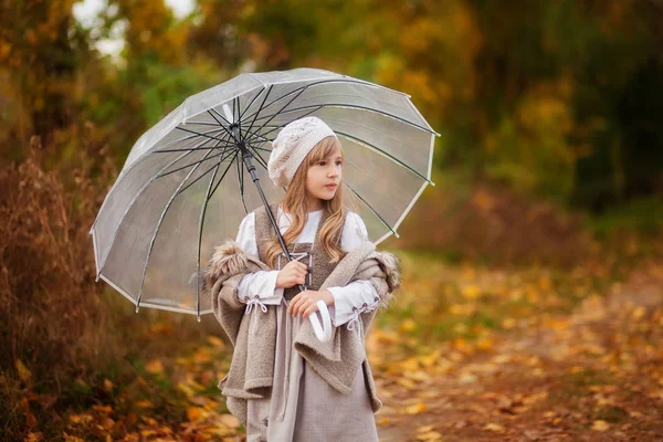 Beautiful Girl Vintage Outfit Transparent Umbrella Walks Autumn Park Orange — Stock Photo, Image