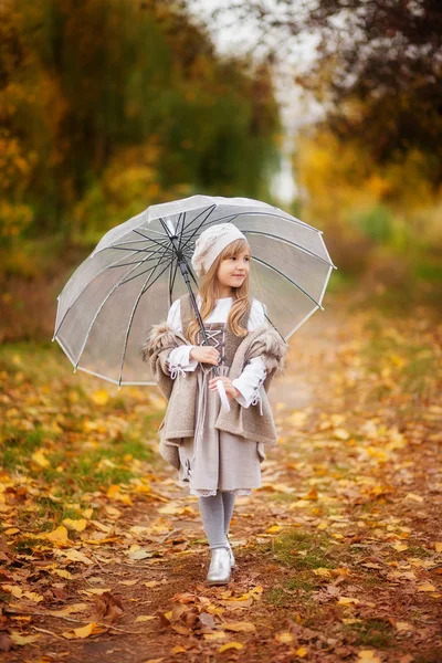 Beautiful Girl Vintage Outfit Transparent Umbrella Walks Autumn Park Orange — Stock Photo, Image