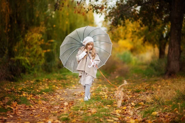 Little Girl Vintage Clothes Red Cat Transparent Umbrella Walk Autumn — Stock Photo, Image
