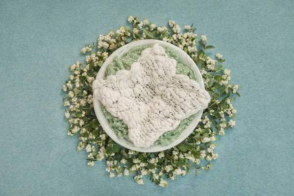 nest with white carpet for newborn photo shoots, decorated with sprigs with white berries on a turquoise background