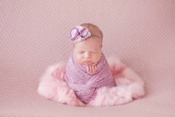 Bebê Recém Nascido Menina Casulo Dorme Fundo Rosa Sonhos Recém — Fotografia de Stock