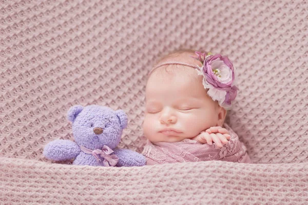 Noworodka Dziewczynka Kokonie Śpi Fioletowym Misia Różowym Tle Noworodki Marzenia — Zdjęcie stockowe