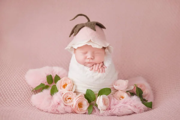 Neonata Bozzolo Bianco Sfondo Rosa Con Rose Rosa Cappello Come — Foto Stock