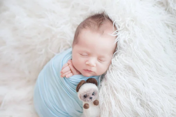 Mavi bir kozanın içinde yeni doğmuş bir bebek beyaz bir battaniyenin üzerinde uyur, oyuncak kedisi olan bir çocuk.