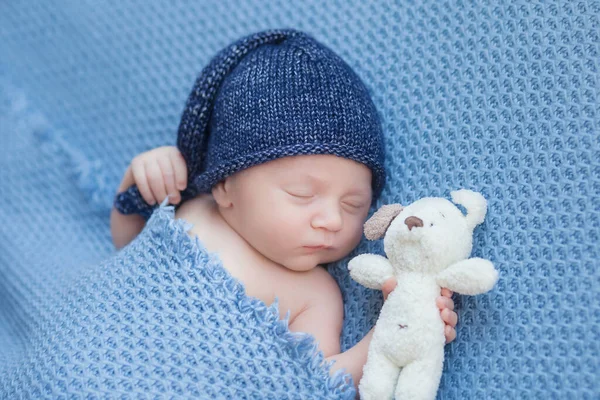 Bebê Recém Nascido Chapéu Azul Gnomo Dorme Segura Brinquedo Macio — Fotografia de Stock