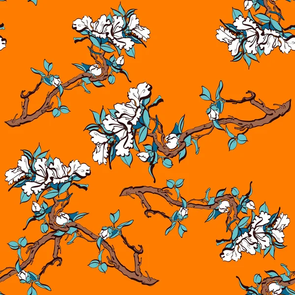Turuncu arka plan üzerinde dalları ve çiçekleri ile dikişsiz desen. Beyaz çiçekler ve dallar. Kumaş, duvar kağıdı, giysi, çarşaf için İllüstrasyon.- Vektör.