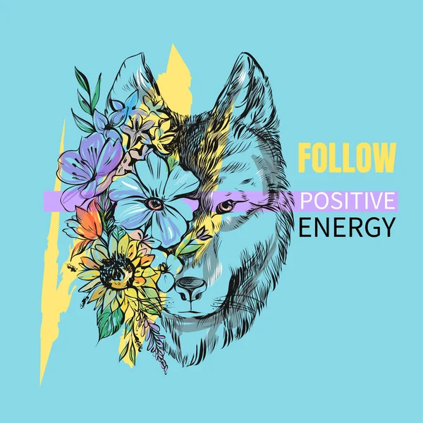 Bir kurt başının ön görünümünüvektör illüstrasyon. Çiçekler ve kurt kafası. Pozitif enerji sloganı kurt doğa illüstrasyon t-shirt baskı grafik tasarım izle - Vektör