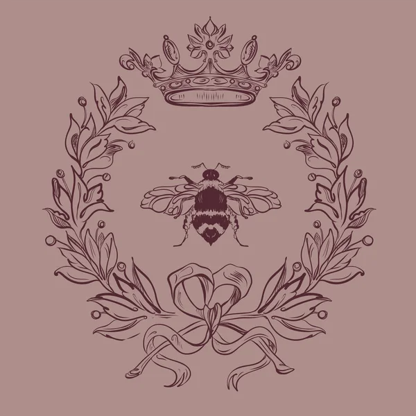 Arı, taç, çiçek, yay ile Moda vektör illüstrasyon. Kumaş, duvar kağıdı, kapak, kartlar, giysiler için İllüstrasyon. - Vektör