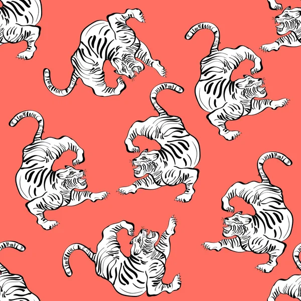 Mercan arka plan üzerinde kaplanların Vektör illüstrasyon. Trendy sorunsuz desen. - Vektör