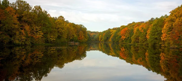 Vroeg Ochtend Het Meer Omringd Door Herfstbomen Rechtenvrije Stockafbeeldingen