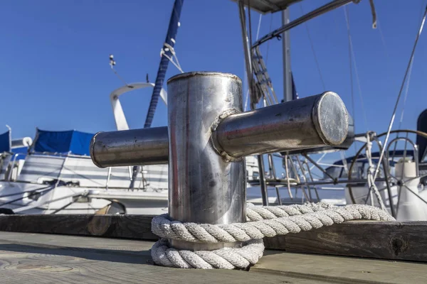 Stainless Steel Bollard Dock Background Yachts — Stock Photo, Image
