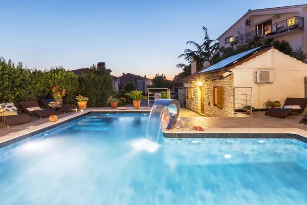 Holiday Home Swimming Pool Dusk Stock Picture