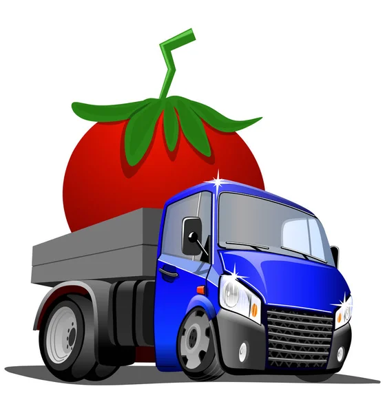 Cartoon Tomate Conduite Par Camion Sur Fond Blanc Illustration Vectorielle — Image vectorielle