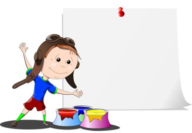 Komik karikatür çocuk kask içinde poster, vektör çizim gösterir