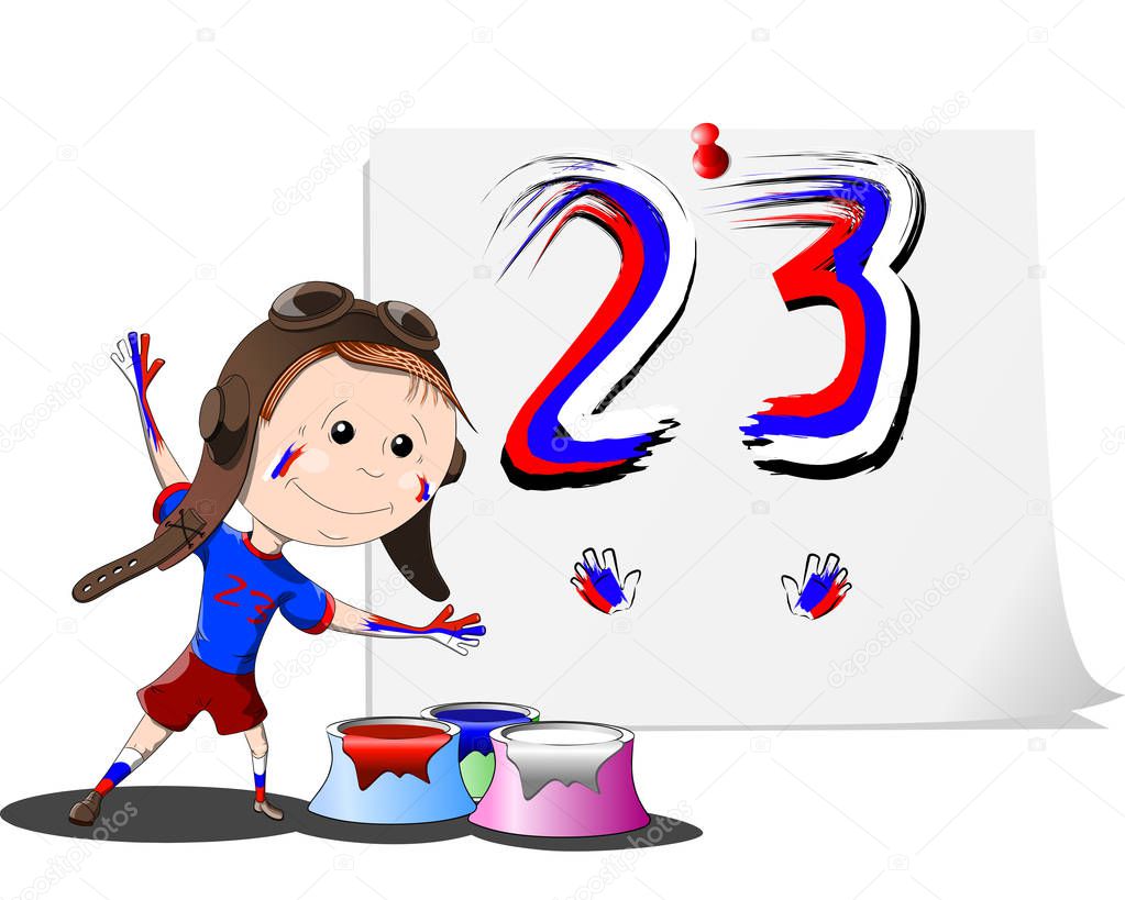 Funny cartoon boy in helmet painted the hands on the banner number 23. Template for the holiday on February 23, vector illustration