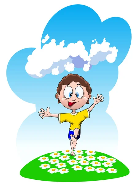 Funny Cheerful Boy Runs Smiles Meadow Daisies Vector Illustration — Stock Vector