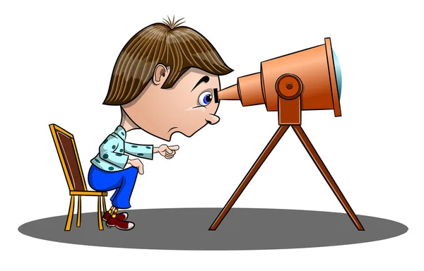 Funny Surprised Boy Sitting Chair Looking Telescope Vector Illustration — Stock Vector