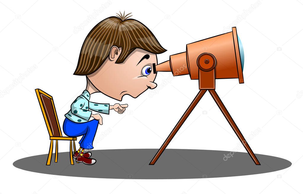 Funny surprised boy sitting on a chair and looking through a telescope, vector illustration