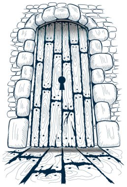 Eski binanın parçası, kapalı ahşap giriş kapısı, vektör illüstrasyon.