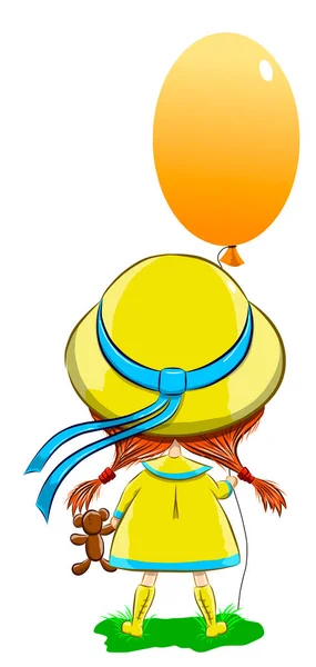 小女孩在帽子和雨衣拿着玩具和气球 矢量插图 — 图库矢量图片