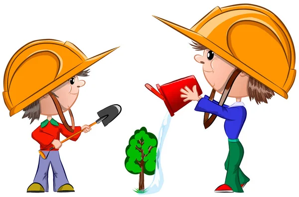 Two Boys Construction Helmets Plant Green Tree Vector Illustration — Stockový vektor