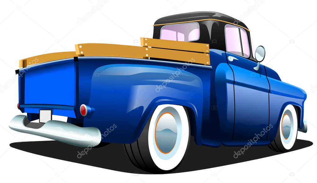 Cartoon blue retro truck pickup car, on a white background. ESP Vector illustration.