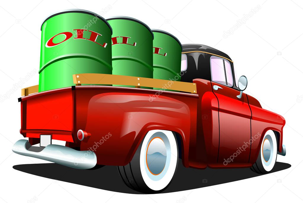 Cartoon red retro truck pickup car, on a white background. ESP Vector illustration.