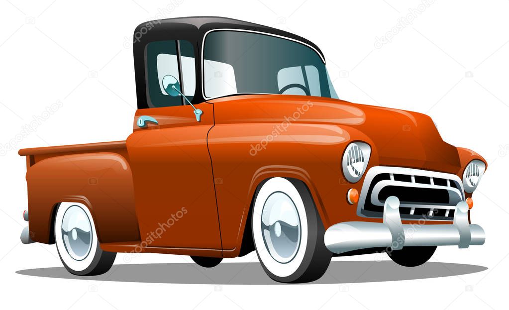 Cartoon red retro truck pickup car, on a white background. ESP Vector illustration.