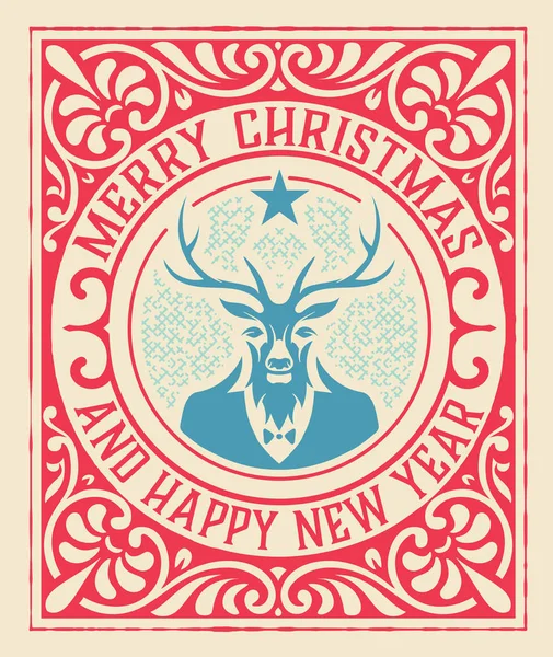 Xmas Vintage Greeting Card Deer — Stock Vector