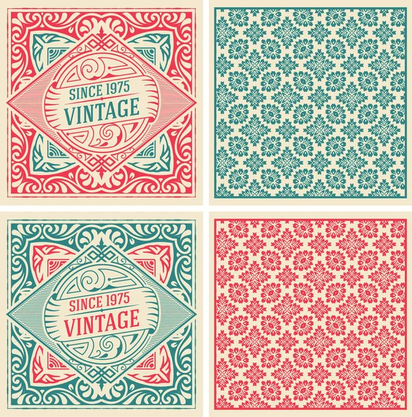 Set Tarjetas Vintage Con Papel Pintado Floral — Vector de stock