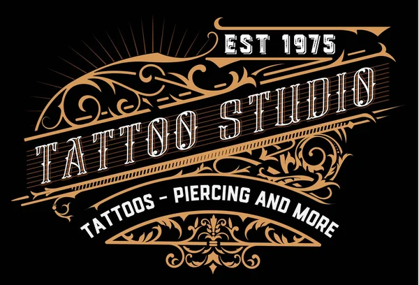 Logo Del Tatuaje Letras Antiguas Sobre Fondo Oscuro Con Adornos — Vector de stock