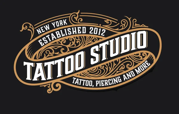 Tattoo logo template. Old lettering on dark background with flor — Stock Vector