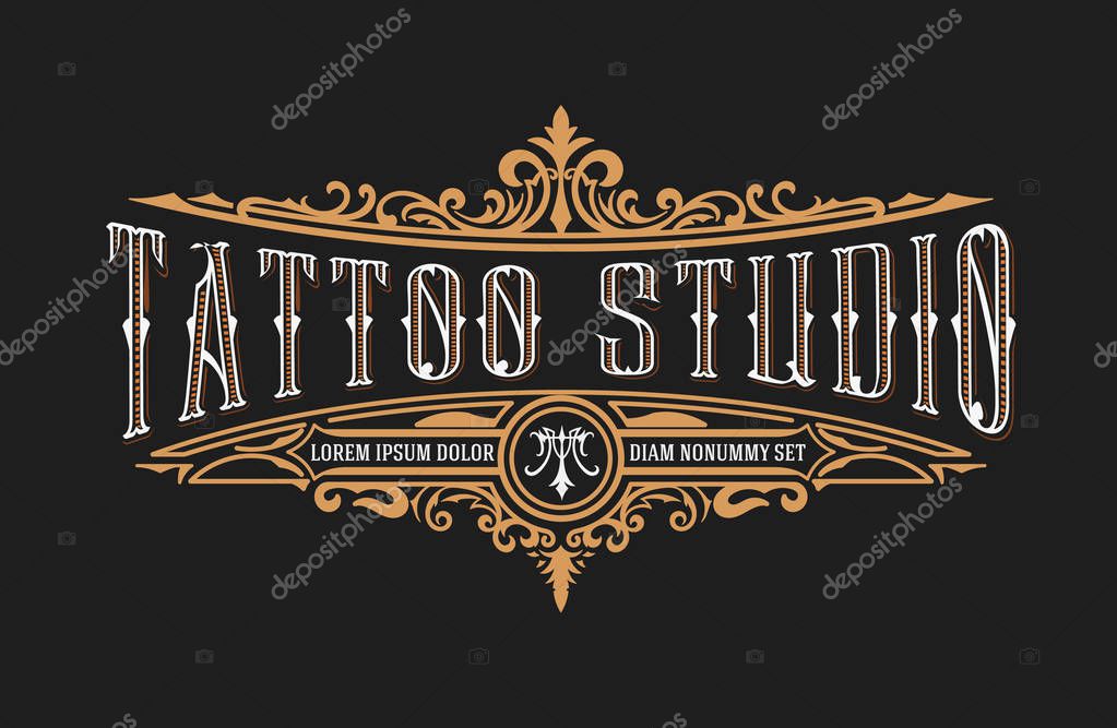 Tattoo logo template. Old lettering on dark background with floral ornaments.