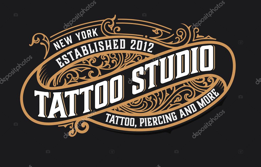 Tattoo logo template. Old lettering on dark background with floral ornaments.Vector layered