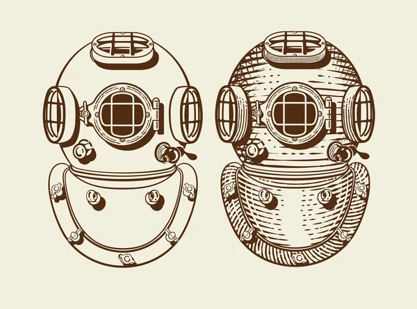 Old style diver helmets with and without engraving style — Stock Vector