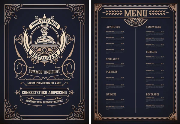 Modelo vintage para design de menu de restaurante com Chef ilustrat —  Vetores de Stock