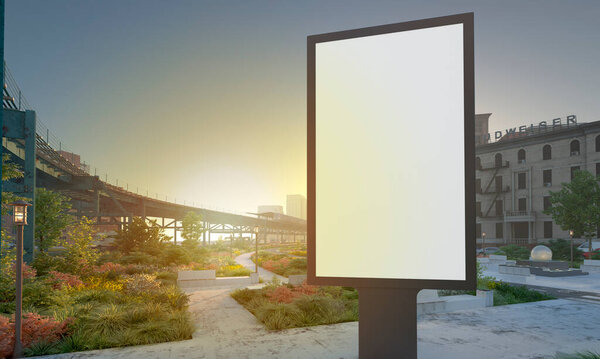 Blank mock up of vertical street ad billboard in park