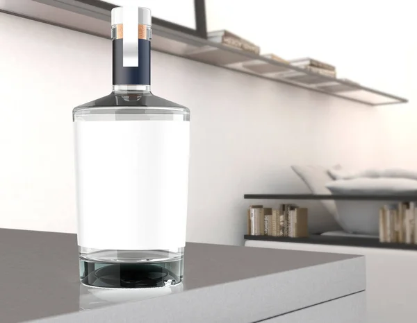 Frasco Transparente Gim Vodka Com Rótulo Branco Com Fundo Quarto — Fotografia de Stock