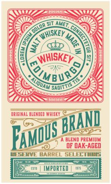 Viski ve Şarap etiketi için eski etiket tasarımı, Restoran afişi, bira etiketi. Vektör illüstrasyonu