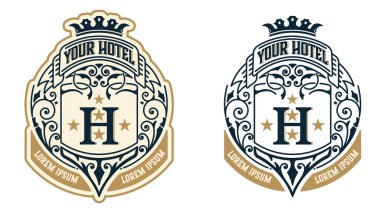 Logo şablonu, Otel, Restoran, İş ya da Butik Kimlik. Flourishes Şık Tasarım Elementleri Tasarımı. Kraliyet ailesi, Heraldic stili. Vektör İllüstrasyonu