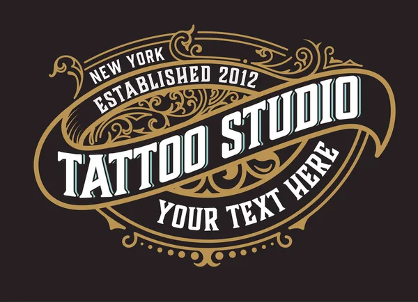 Modelo Logotipo Tatuagem Letras Antigas Fundo Escuro Com Ornamentos Florais — Vetor de Stock