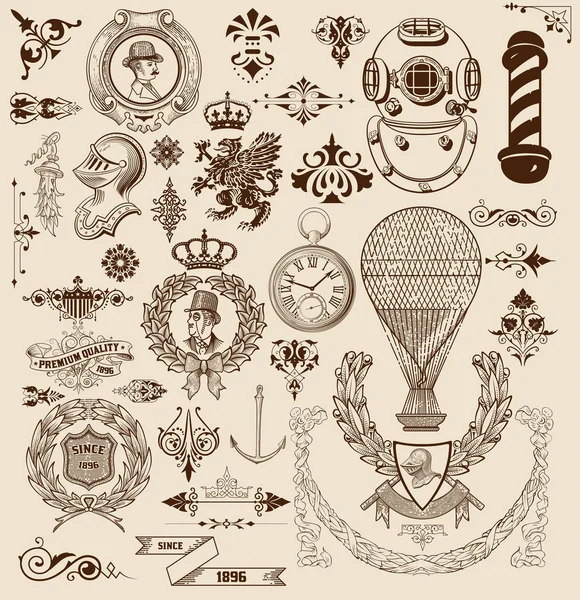 Vector Set Retro Elements Baroque Frames Retro Labels Transport Nautical — Stock Vector