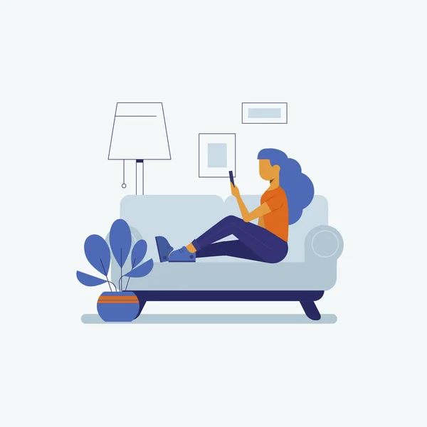 Divan smartphone vektör çizim apartman dairesinde ile genç kadın