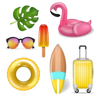 Gerçekçi 3d yaz tatillerini semboller üzerinde beyaz izole.